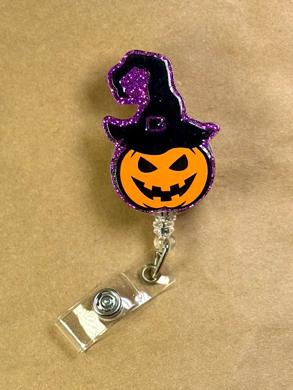 Halloween Pumpkin Witch Hat Badge Reel - Purple and Orange